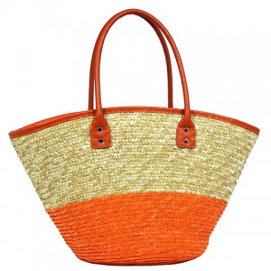 Straw Tote – 12 PCS Woven Wheat 2-tone w/ PU Leather Handles - Orange - BG-R11050OG